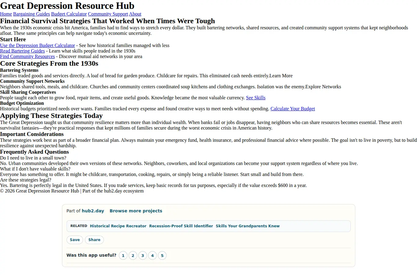 Screenshot of Great Depression Resource Hub interface showing the project page in use